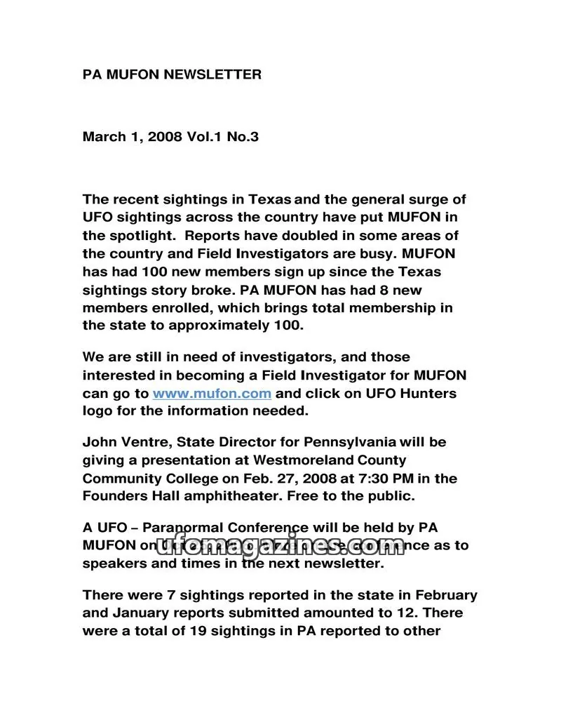 Cover of MUFON Pennsylvania newsletter issue Vol.1 No.3: PA MUFON NEWSLETTER