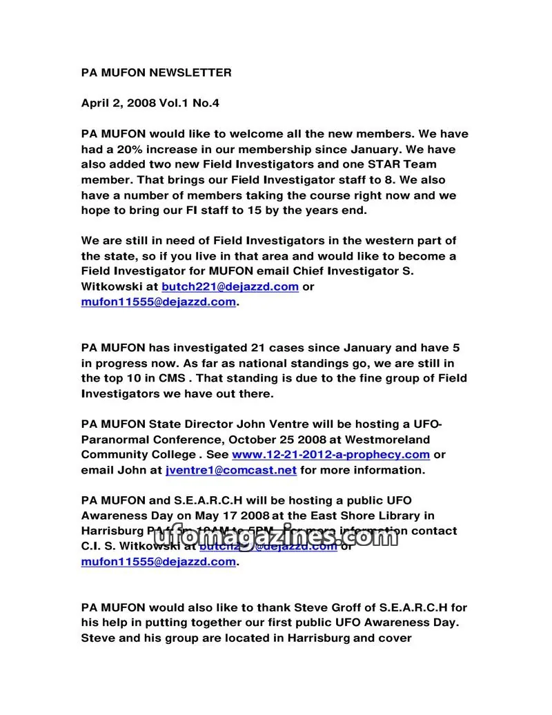 Cover of MUFON Pennsylvania newsletter issue Vol.1 No.4: PA MUFON NEWSLETTER