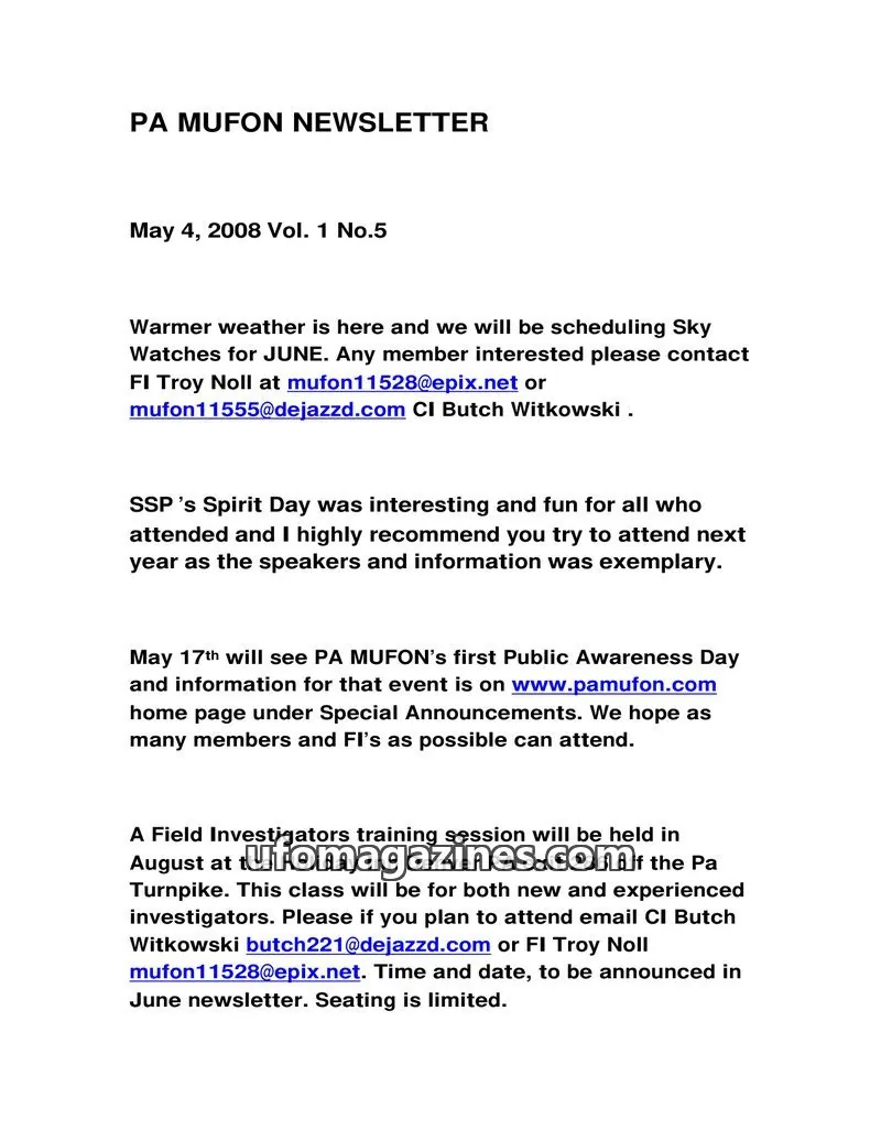 Cover of MUFON Pennsylvania newsletter issue No.5: PA MUFON NEWSLETTER