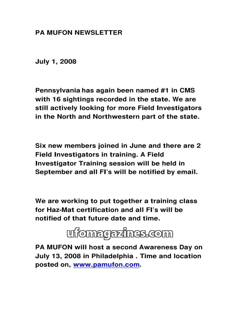 Cover of MUFON Pennsylvania newsletter issue July 1, 2008: PA MUFON NEWSLETTER