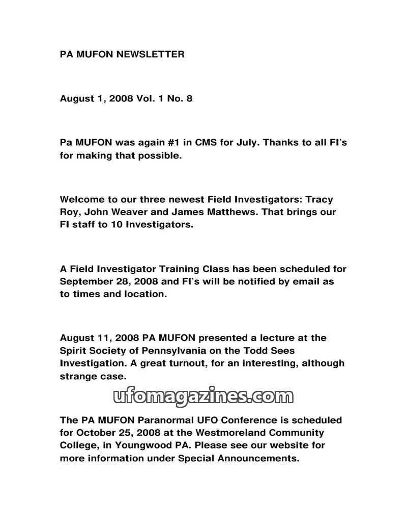 Cover of MUFON Pennsylvania newsletter issue Vol. 1 No. 8: PA MUFON NEWSLETTER