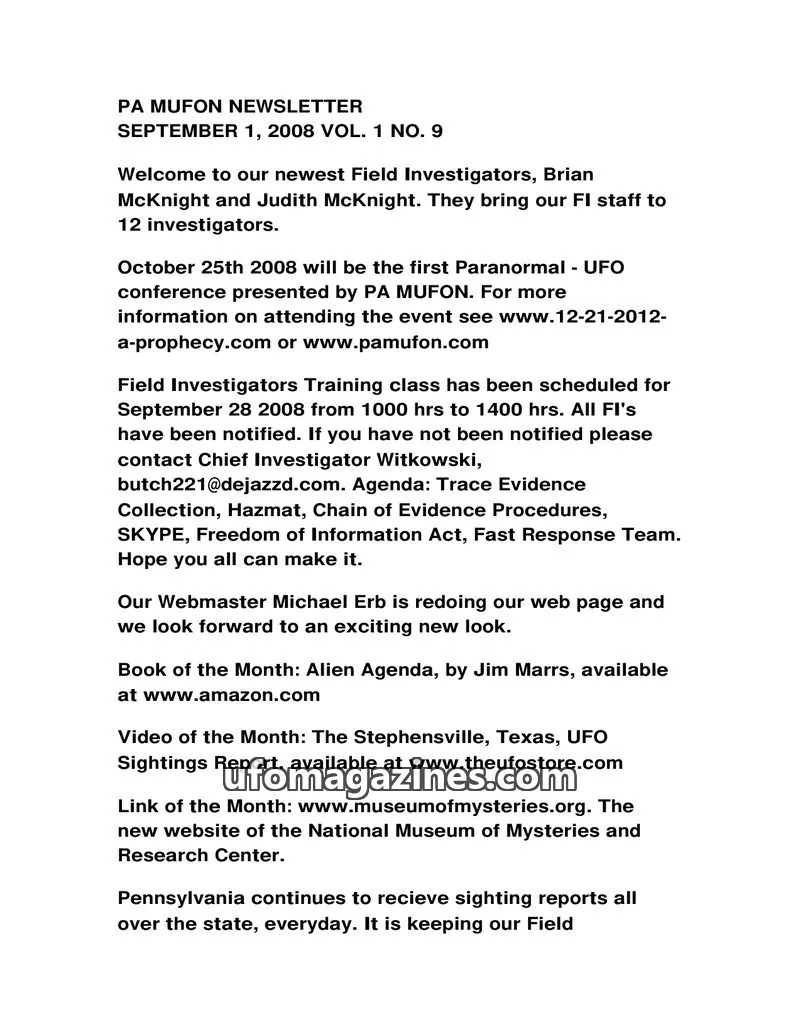 Cover of MUFON Pennsylvania newsletter issue 9: PA MUFON NEWSLETTER
