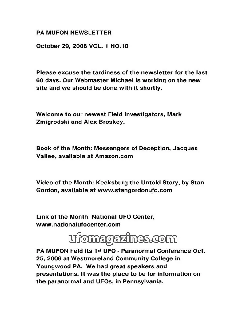 Cover of MUFON Pennsylvania newsletter issue VOL. 1 NO.10: PA MUFON NEWSLETTER