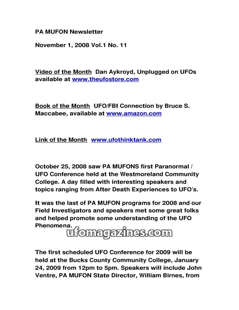 Cover of MUFON Pennsylvania newsletter issue Vol.1 No. 11: PA MUFON Newsletter