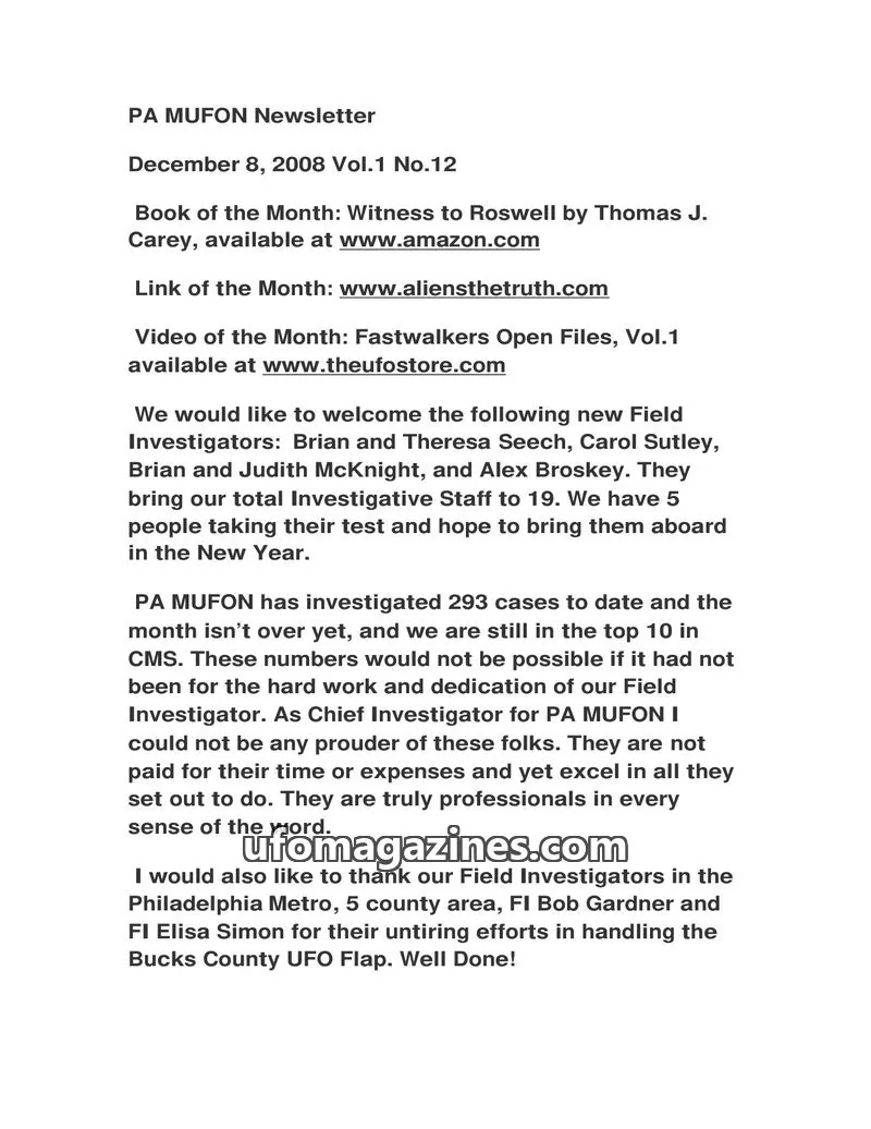 Cover of MUFON Pennsylvania newsletter issue Vol.1 No.12: PA MUFON Newsletter