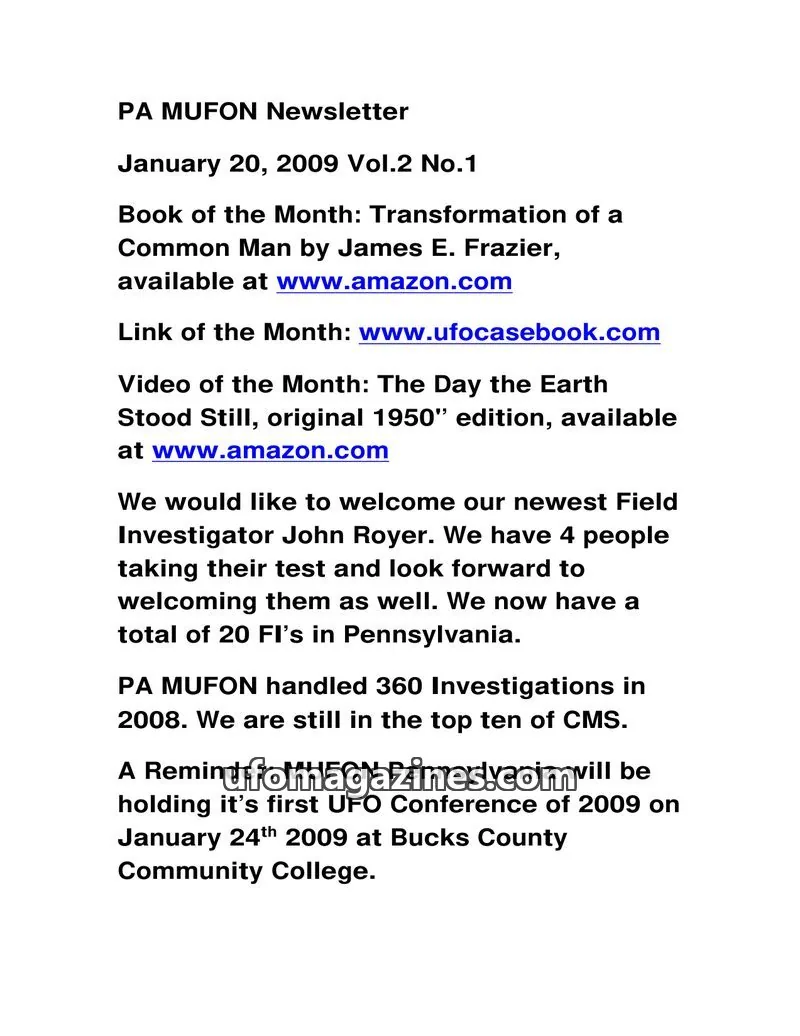 Cover of MUFON Pennsylvania newsletter issue No.1: PA MUFON Newsletter