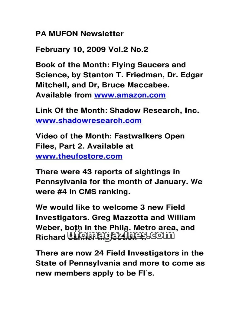 Cover of MUFON Pennsylvania newsletter issue Vol.2 No.2: PA MUFON Newsletter