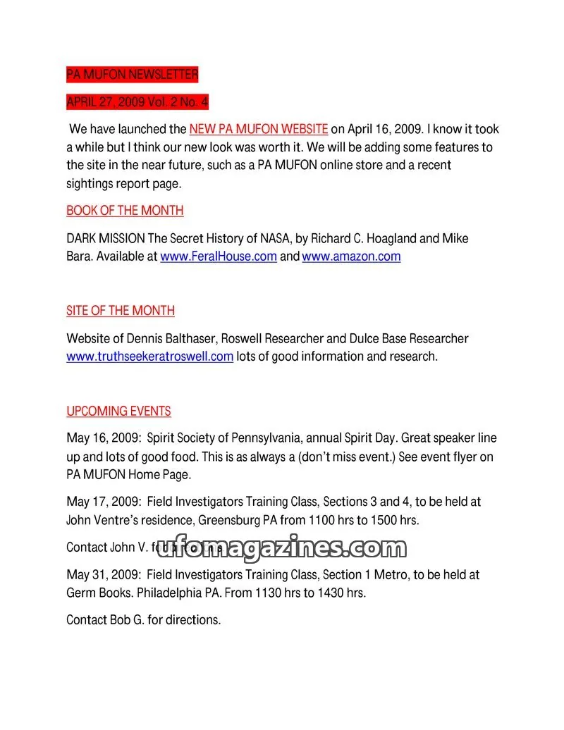 Cover of MUFON Pennsylvania newsletter issue Vol. 2 No. 4: PA MUFON NEWSLETTER