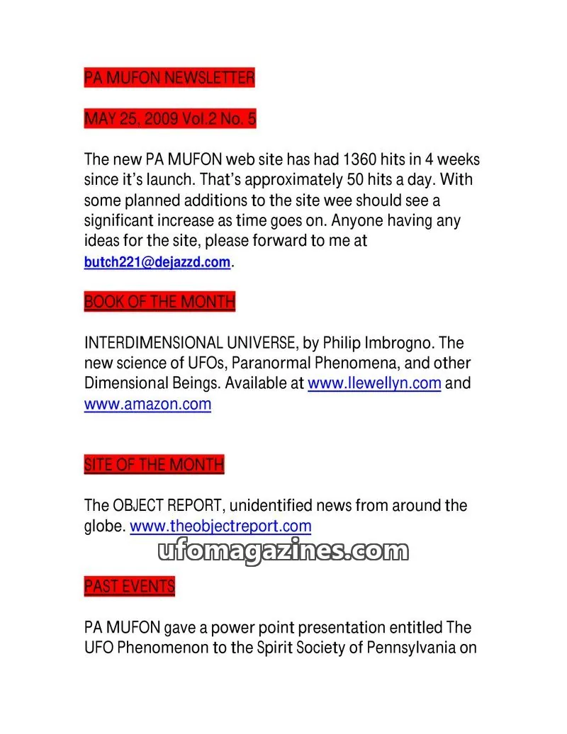 Cover of MUFON Pennsylvania newsletter issue Vol.2 No. 5: PA MUFON NEWSLETTER