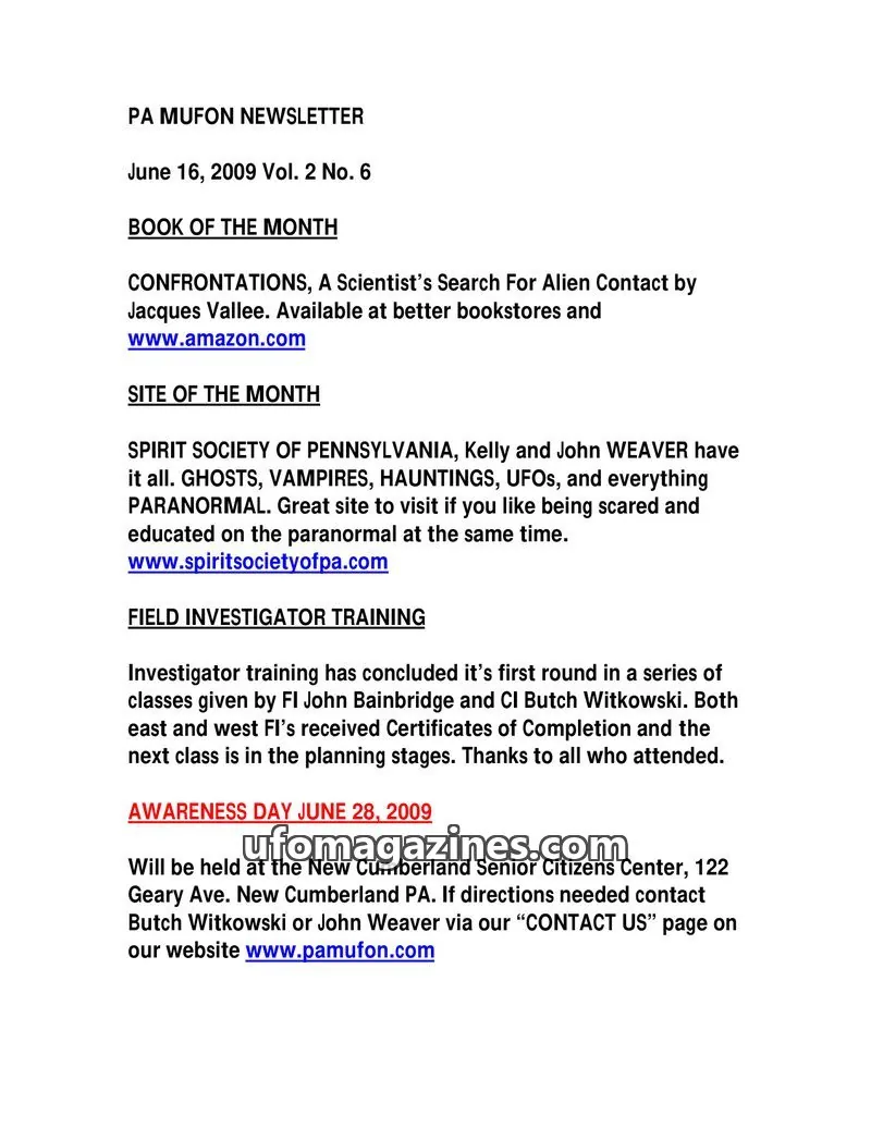 Cover of MUFON Pennsylvania newsletter issue Vol. 2 No. 6: PA MUFON NEWSLETTER