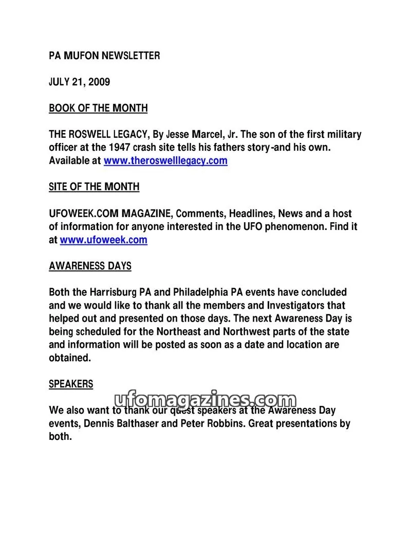 Cover of MUFON Pennsylvania newsletter issue July 21, 2009: PA MUFON NEWSLETTER