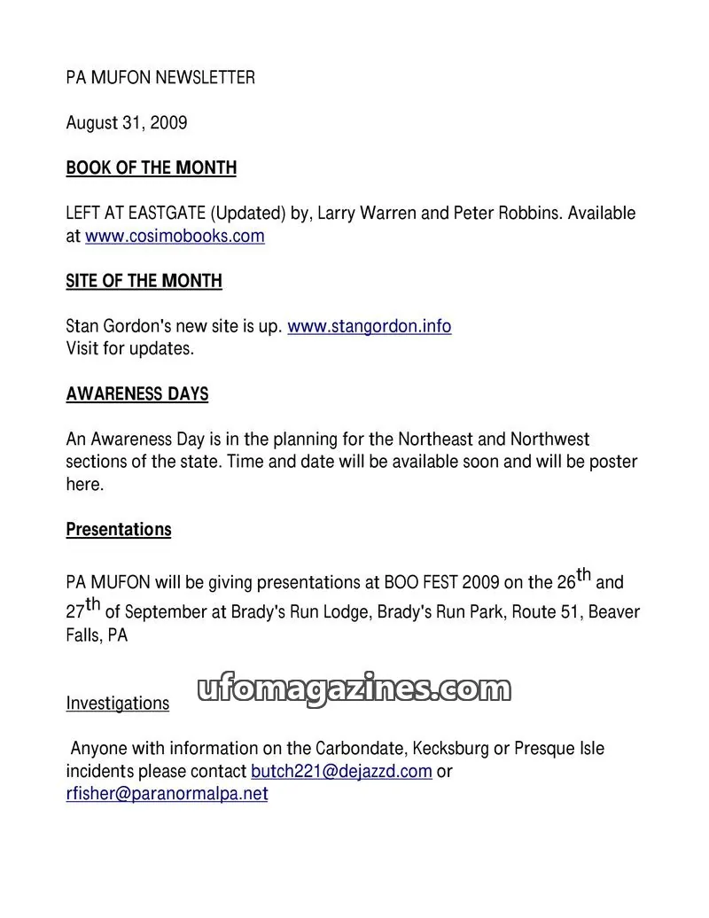 Cover of MUFON Pennsylvania newsletter issue August 31, 2009: PA MUFON NEWSLETTER