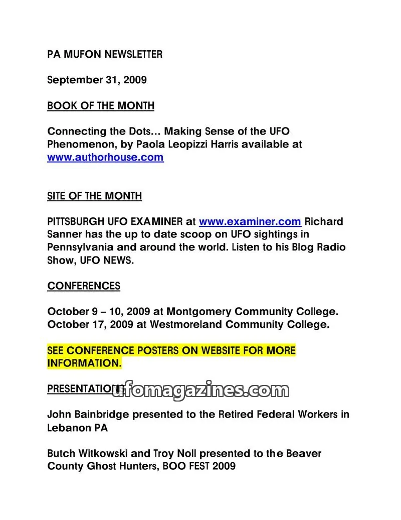 Cover of MUFON Pennsylvania newsletter issue September 31, 2009: PA MUFON NEWSLETTER