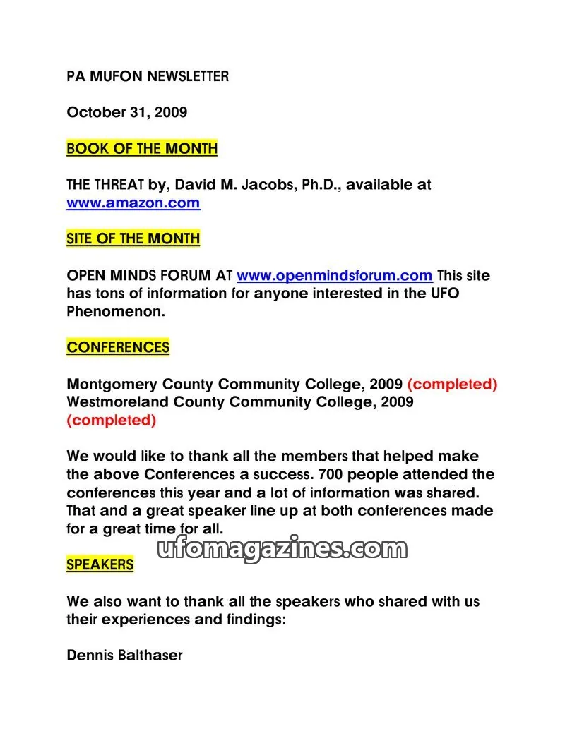 Cover of MUFON Pennsylvania newsletter issue October 31, 2009: PA MUFON NEWSLETTER