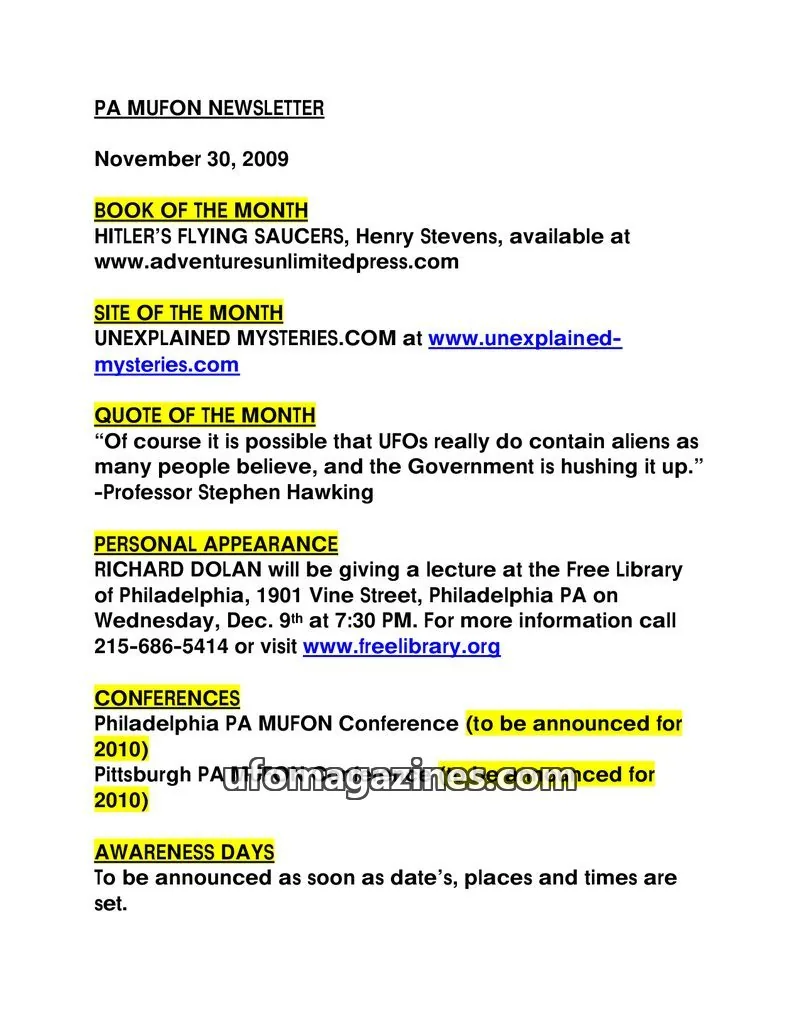 Cover of MUFON Pennsylvania newsletter issue November 30, 2009: PA MUFON NEWSLETTER