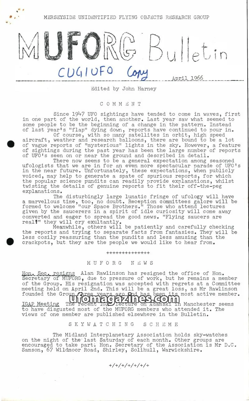 Cover of MERSEYSIDE UNIDENTIFIED FLYING OBJECTS RESEARCH GROUP issue April 1966: MUFORG Bulletin