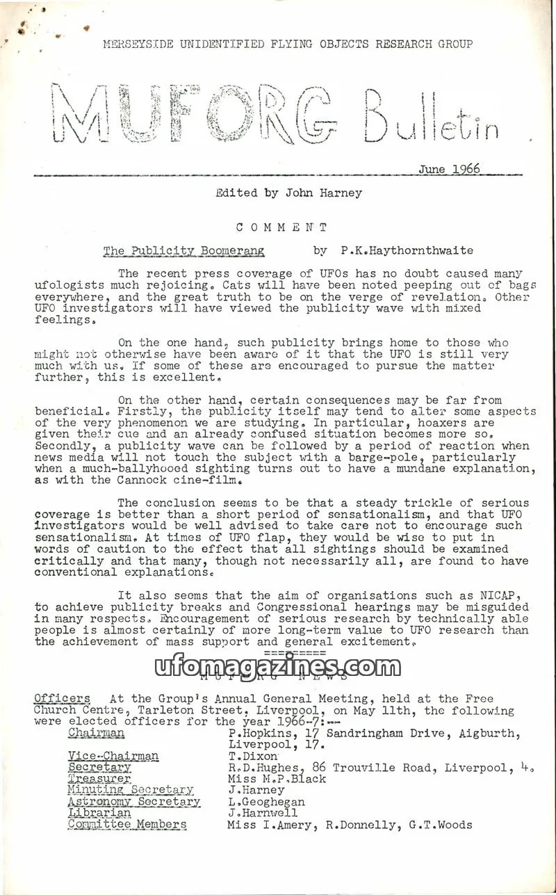 Cover of MERSEYSIDE UNIDENTIFIED FLYING OBJECTS RESEARCH GROUP issue June 1966: MUFORG Bulletin