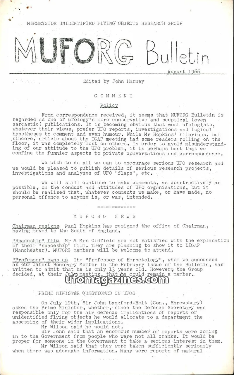 Cover of Merseyside Unidentified Flying Objects Research Group issue August 1966: MUFORG Bulletin