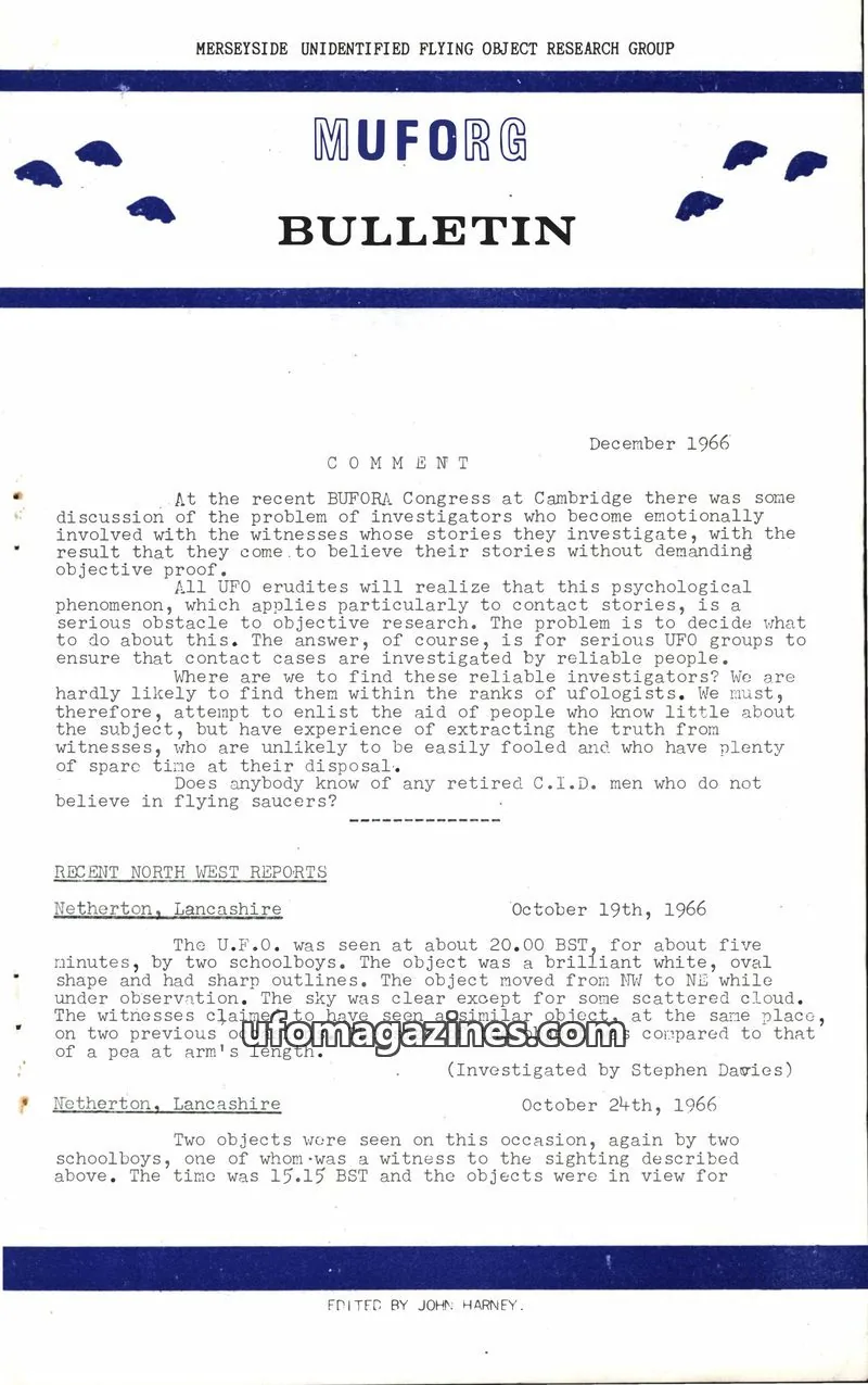 Cover of MERSEYSIDE UNIDENTIFIED FLYING OBJECT RESEARCH GROUP issue December 1966: MUFORG BULLETIN