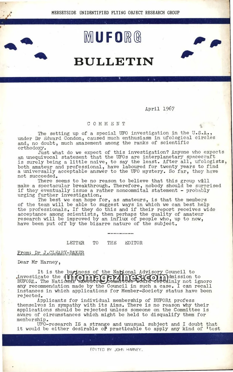 Cover of MERSEYSIDE UNIDENTIFIED FLYING OBJECT RESEARCH GROUP issue April 1967: MUFORG BULLETIN