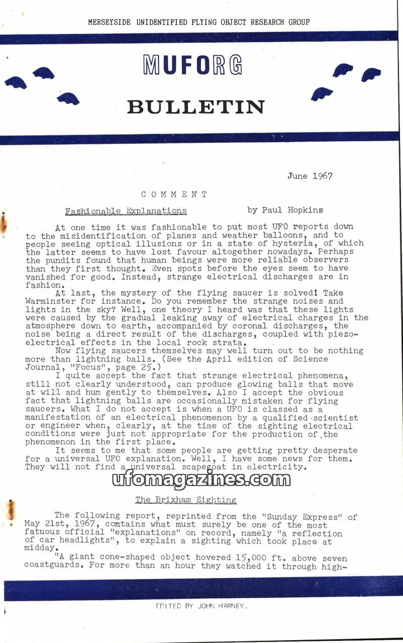 Cover of MERSEYSIDE UNIDENTIFIED FLYING OBJECT RESEARCH GROUP issue June 1967: MUFORG BULLETIN