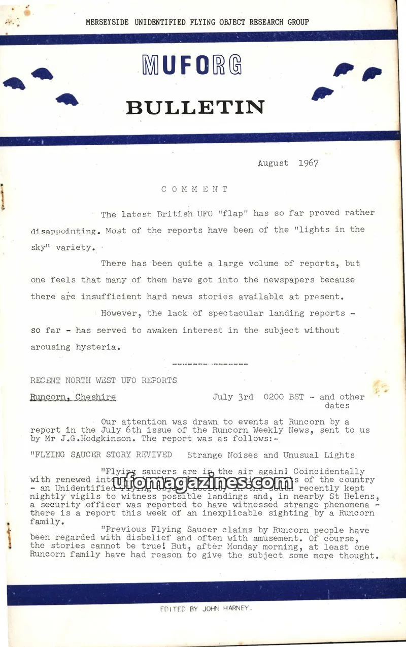 Cover of MERSEYSIDE UNIDENTIFIED FLYING OBJECT RESEARCH GROUP issue August 1967: MUFORG BULLETIN