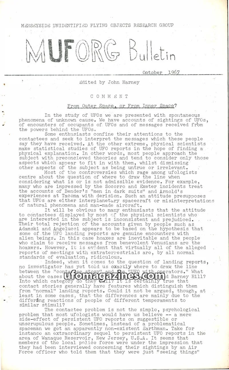 Cover of MERSEYSIDE UNIDENTIFIED FLYING OBJECTS RESEARCH GROUP issue October 1967: MUFORG Bulletin