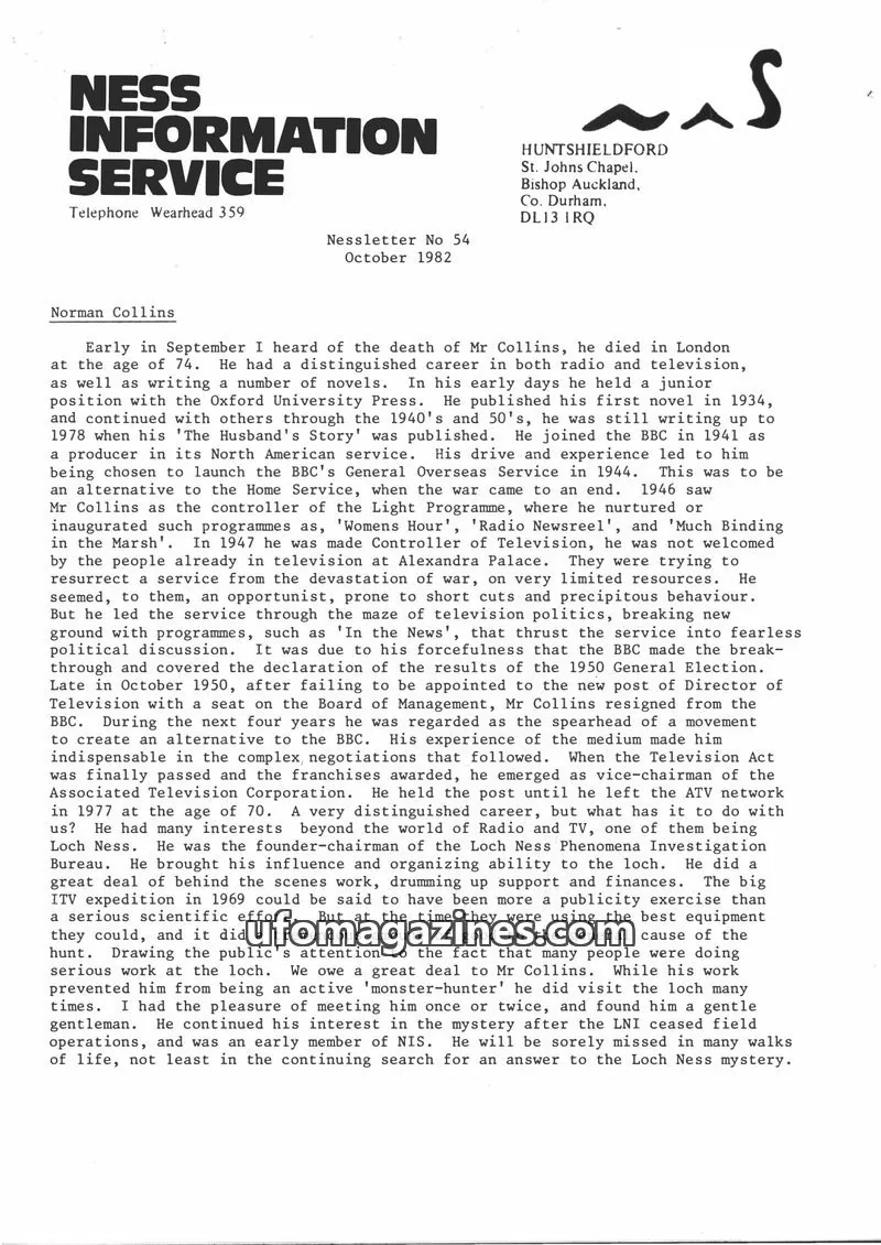 Cover of Nessletter (Rip Hepple, Ness Information Service) issue No 54: NESS INFORMATION SERVICE