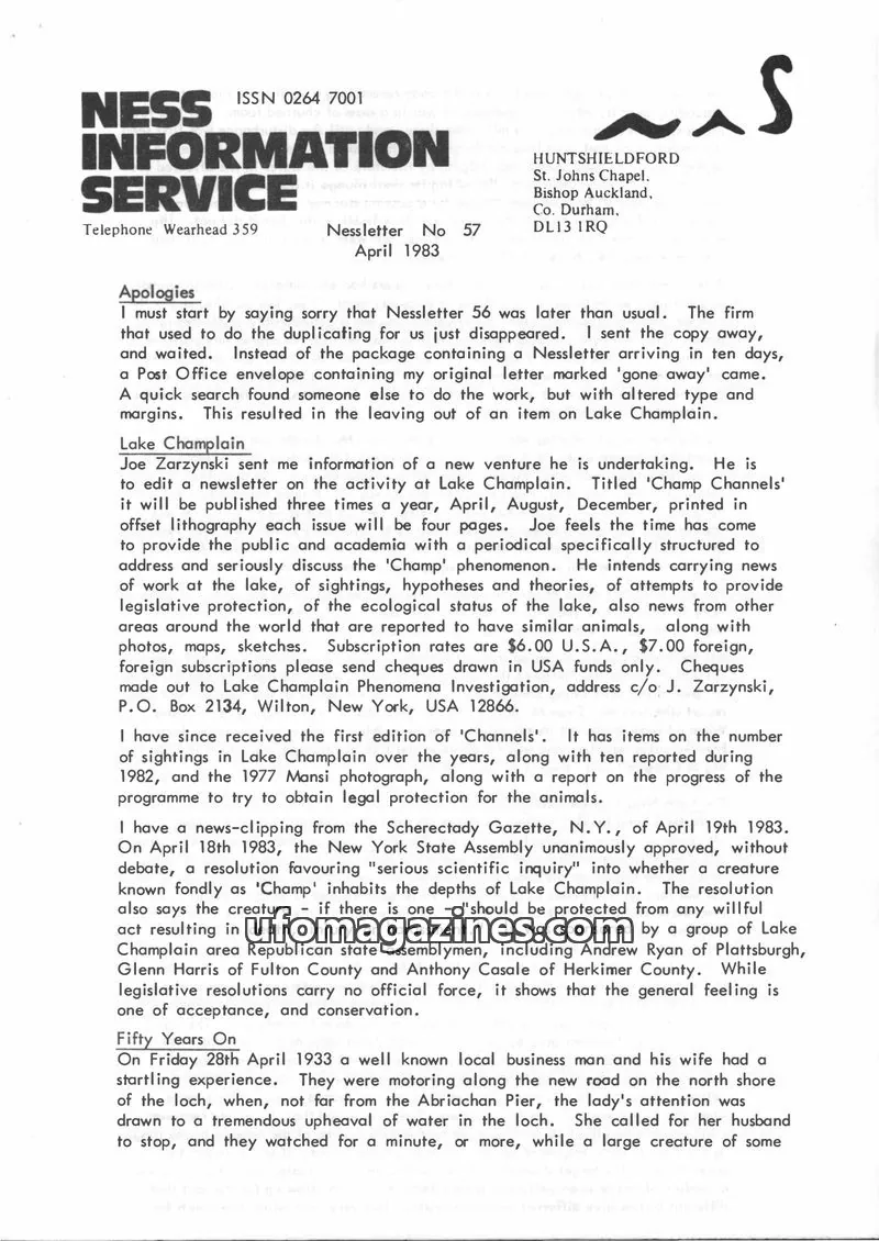 Cover of Nessletter (Rip Hepple, Ness Information Service) issue No 57: NESS INFORMATION SERVICE