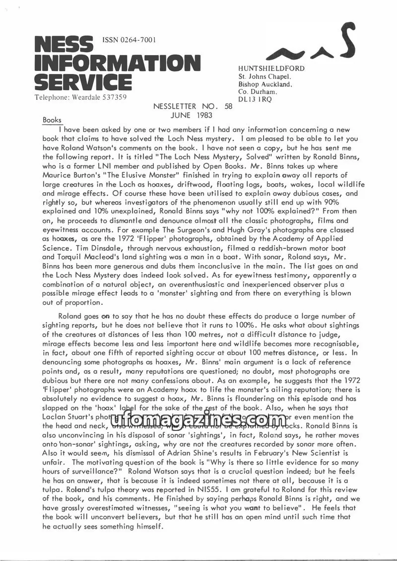 Cover of Nessletter (Rip Hepple, Ness Information Service) issue 58: NESS INFORMATION SERVICE