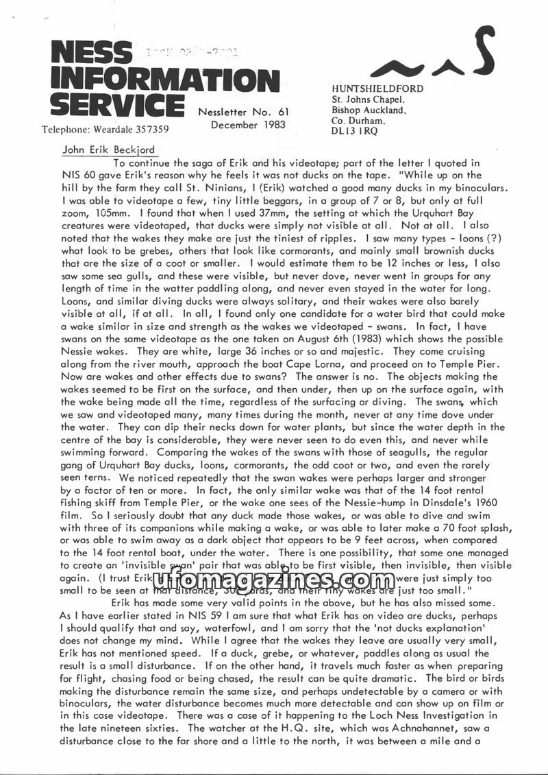 Cover of Nessletter (Rip Hepple, Ness Information Service) issue No. 61: NESS INFORMATION SERVICE
