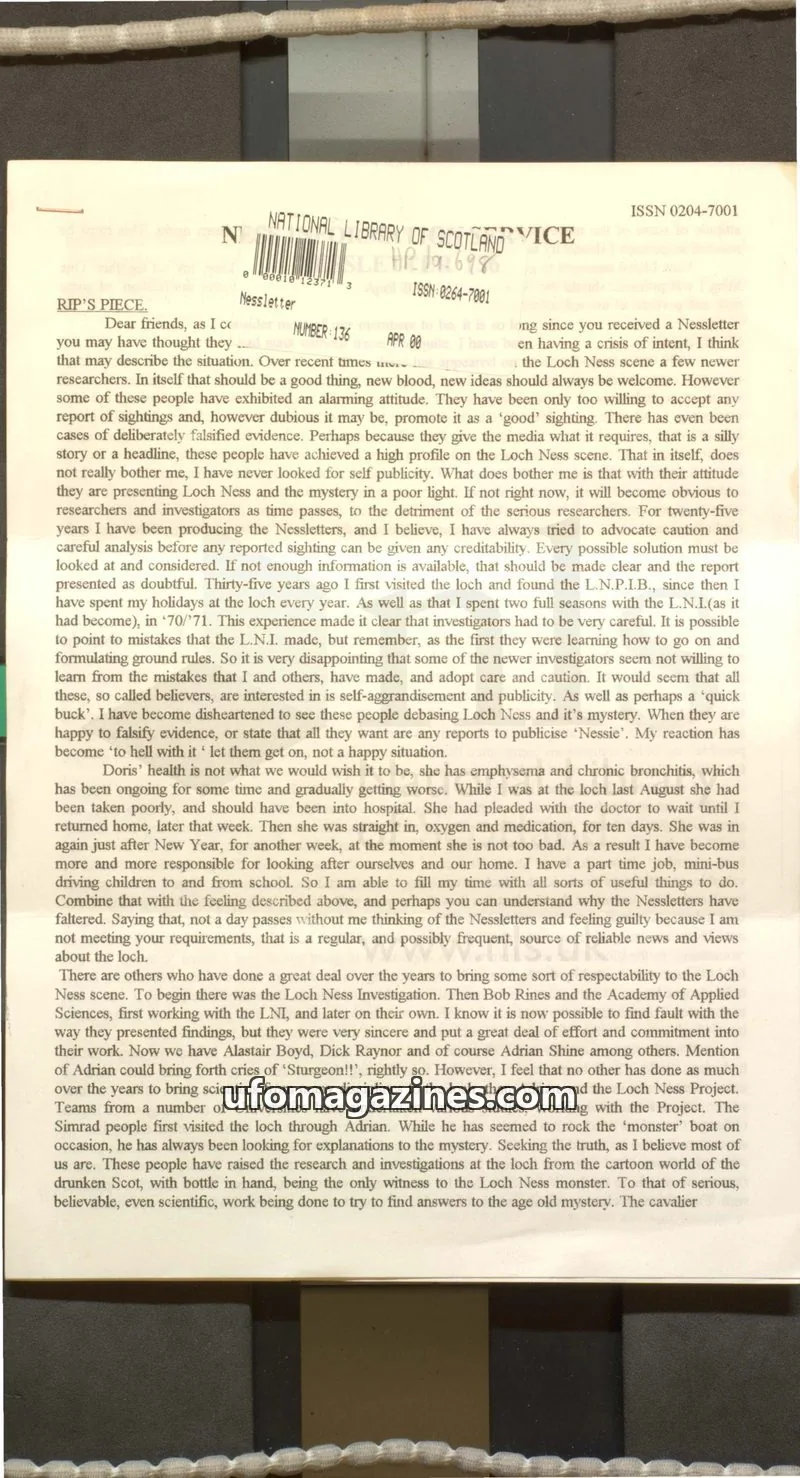 Cover of Nessletter (Rip Hepple, Ness Information Service) issue 136: Nessletter