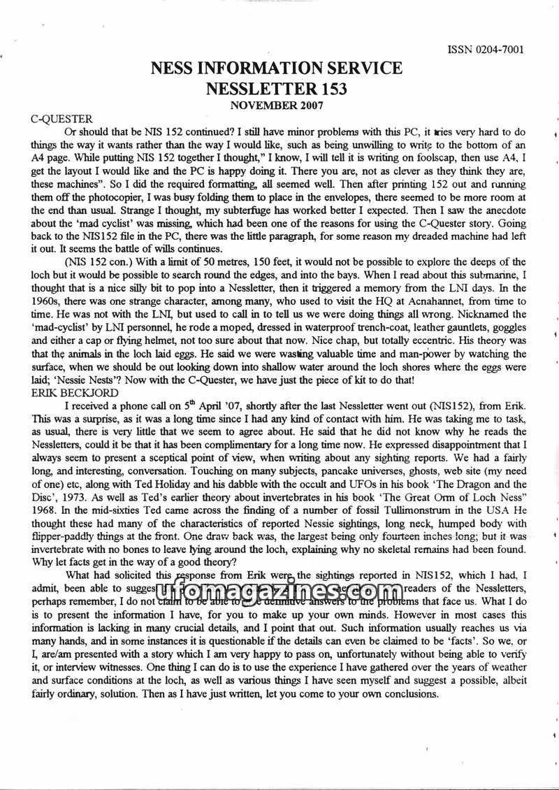 Cover of Nessletter (Rip Hepple, Ness Information Service) issue 153: NESS INFORMATION SERVICE NESSLETTER