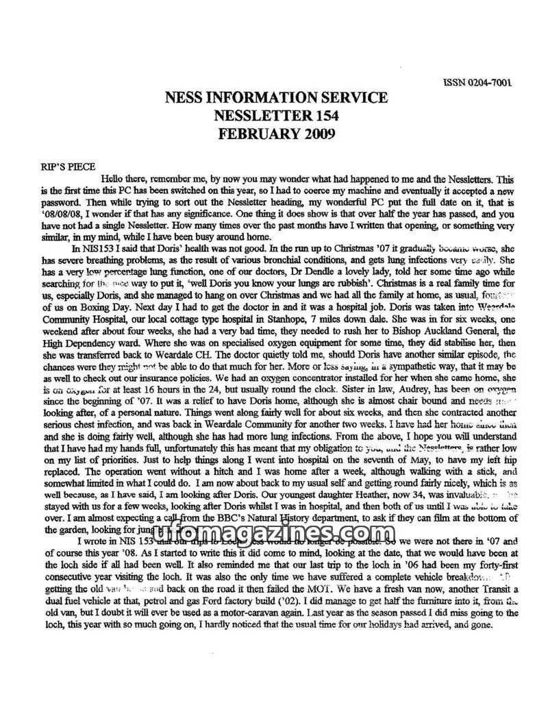 Cover of Nessletter (Rip Hepple, Ness Information Service) issue 154: NESS INFORMATION SERVICE NESSLETTER
