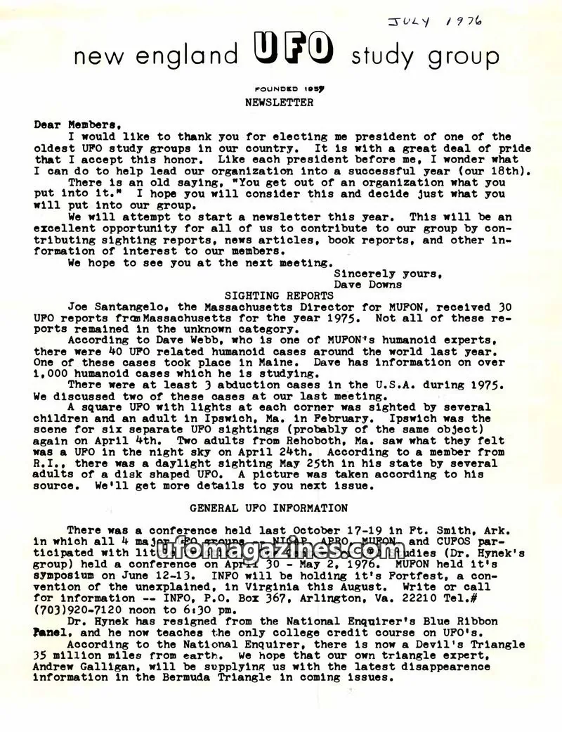Cover of new england UFO study group issue JULY 1976: new england UFO study group NEWSLETTER