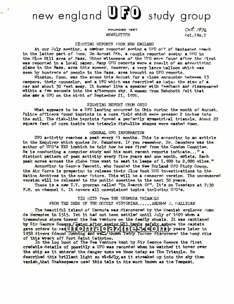 Cover of new england UFO study group issue Vol.1 No.2: new england UFO study group NEWSLETTER