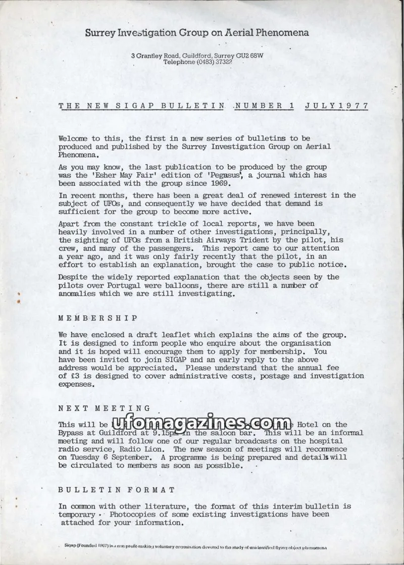 Cover of Surrey Investigation Group on Aerial Phenomena issue 1: THE NEW SIGAP BULLETIN
