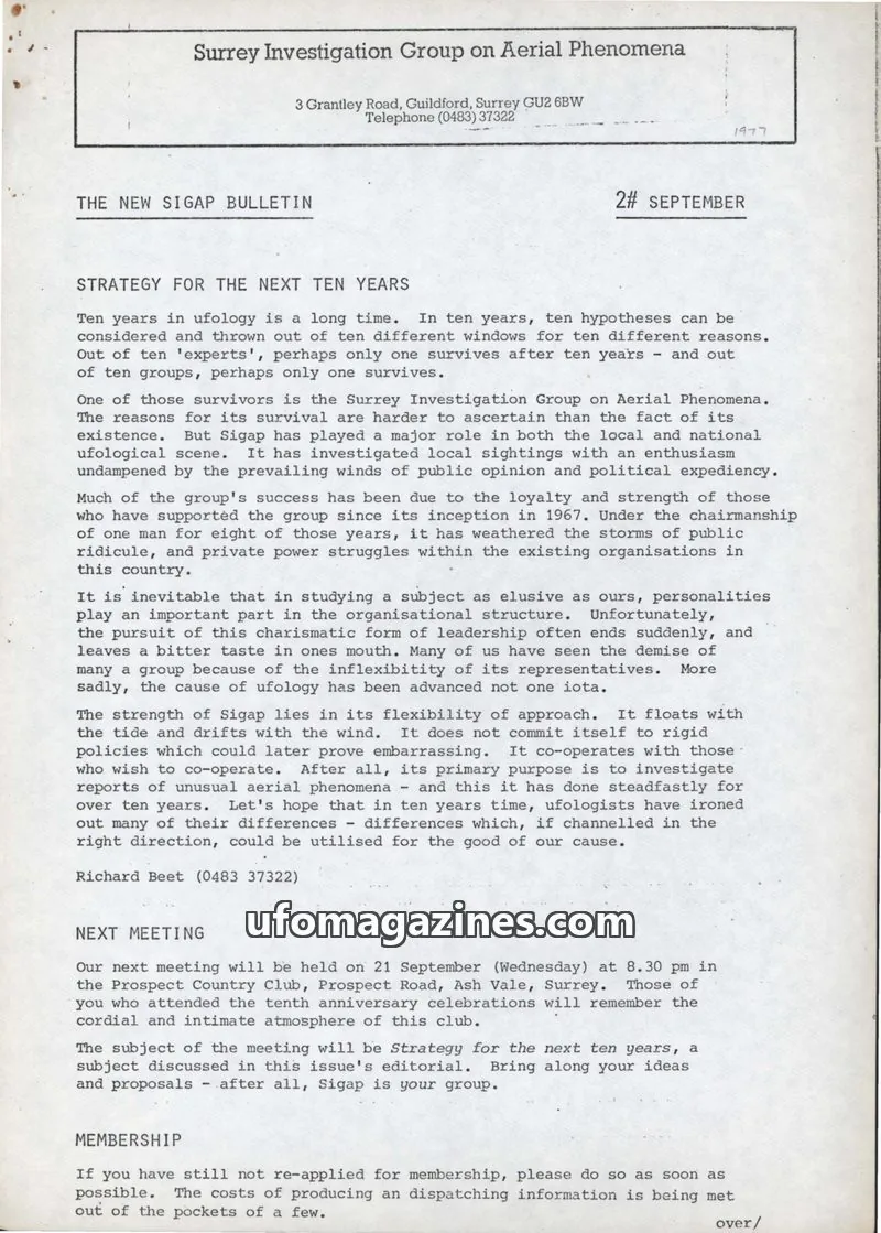 Cover of Surrey Investigation Group on Aerial Phenomena issue 2: THE NEW SIGAP BULLETIN