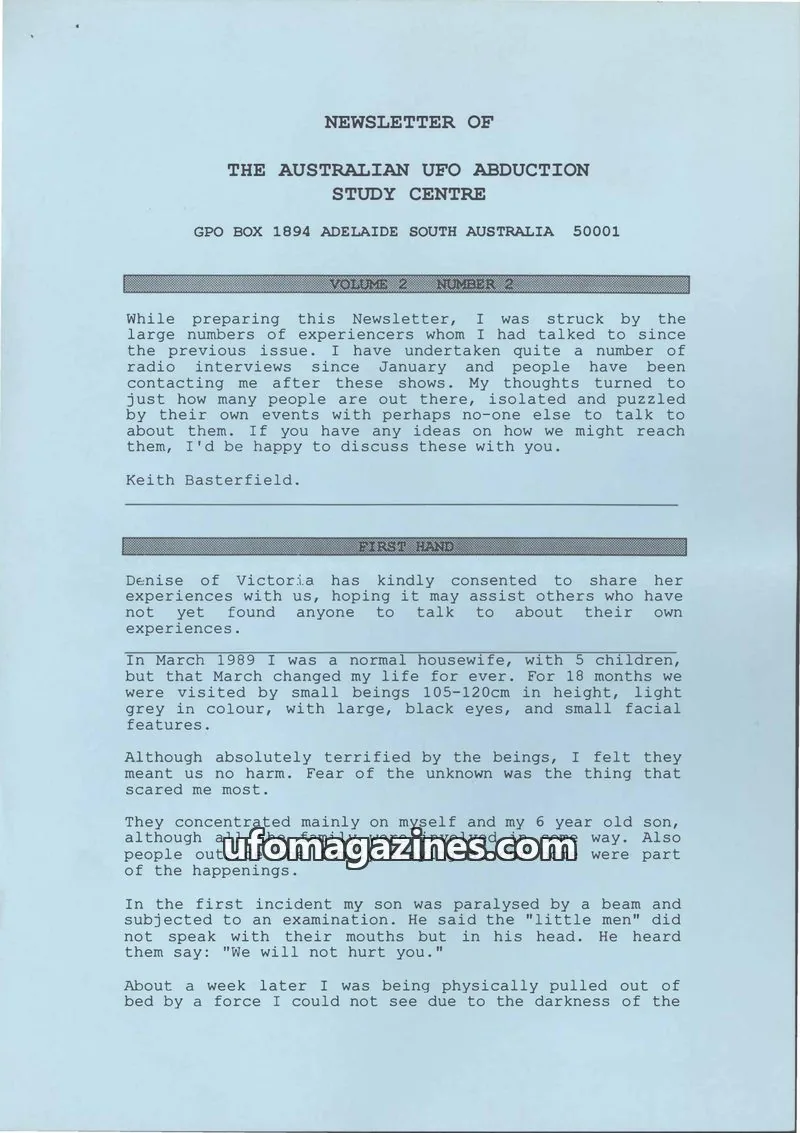 Cover of Newsletter of the Australian UFO Abduction Study Centre issue NUMBER 2: NEWSLETTER OF THE AUSTRALIAN UFO ABDUCTION STUDY CENTRE