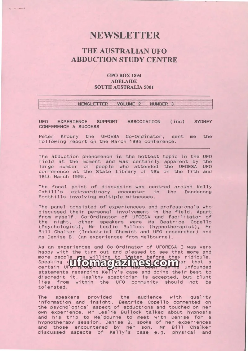 Cover of Newsletter of the Australian UFO Abduction Study Centre issue VOLUME 2 NUMBER 3: NEWSLETTER
