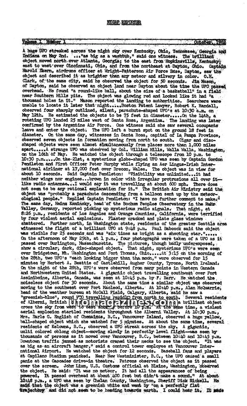 Cover of NICAP Reporter (Gribble) issue Volume I Number 1: NICAP REPORTER