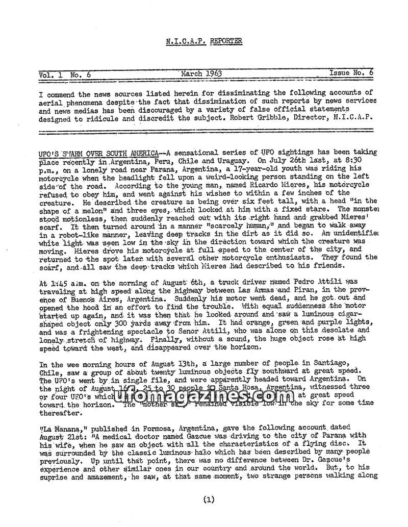 Cover of NICAP Reporter (Gribble) issue 6: N.I.C.A.P. REPORTER