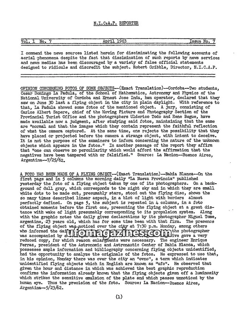 Cover of NICAP Reporter (Gribble) issue 7: N.I.C.A.P. REPORTER