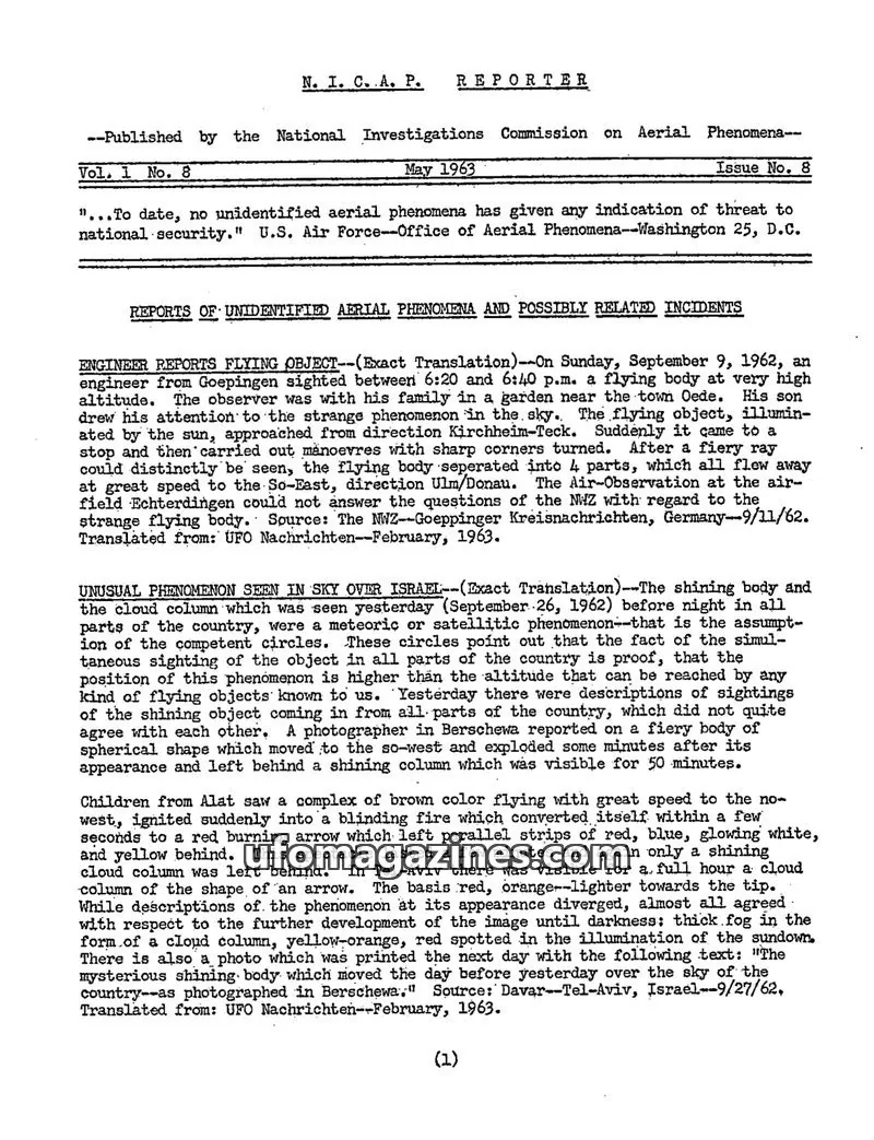 Cover of NICAP Reporter (Gribble) issue 8: N. I. C. A. P. REPORTER