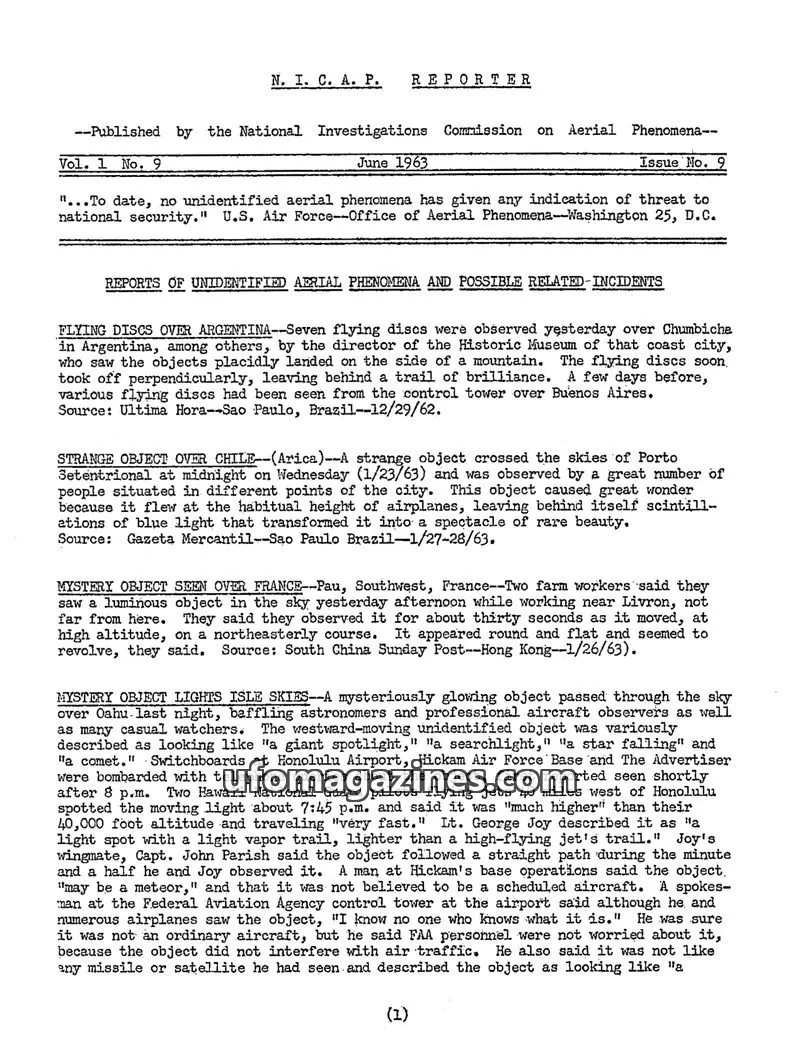 Cover of NICAP Reporter (Gribble) issue No. 9: N. I. C. A. P. REPORTER
