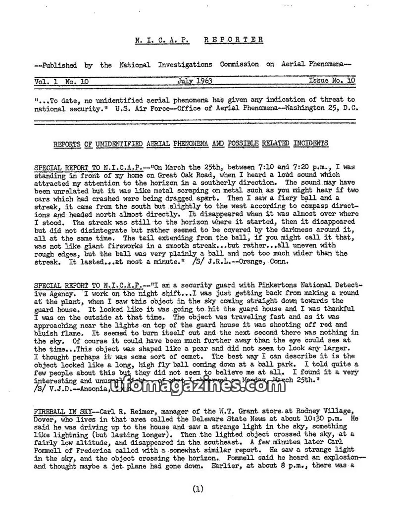 Cover of NICAP Reporter (Gribble) issue 10: N. I. C. A. P. REPORTER