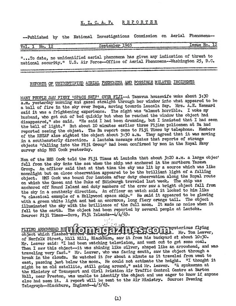 Cover of NICAP Reporter (Gribble) issue 12: N. I. C. A. P. REPORTER