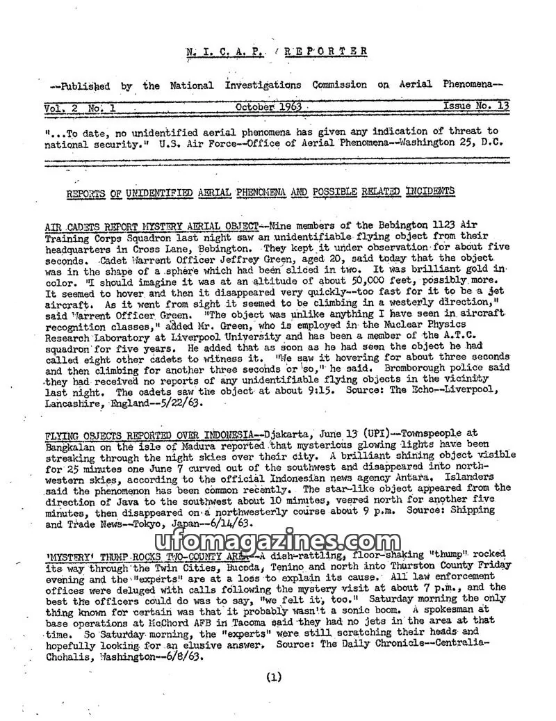 Cover of NICAP Reporter (Gribble) issue 13: N. I. C. A. P. REPORTER