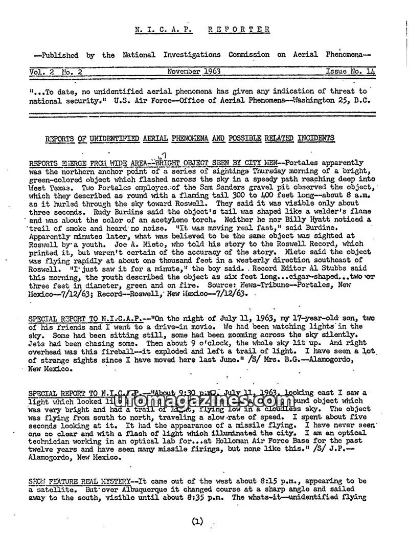 Cover of NICAP Reporter (Gribble) issue 14: N.I.C.A.P. REPORTER