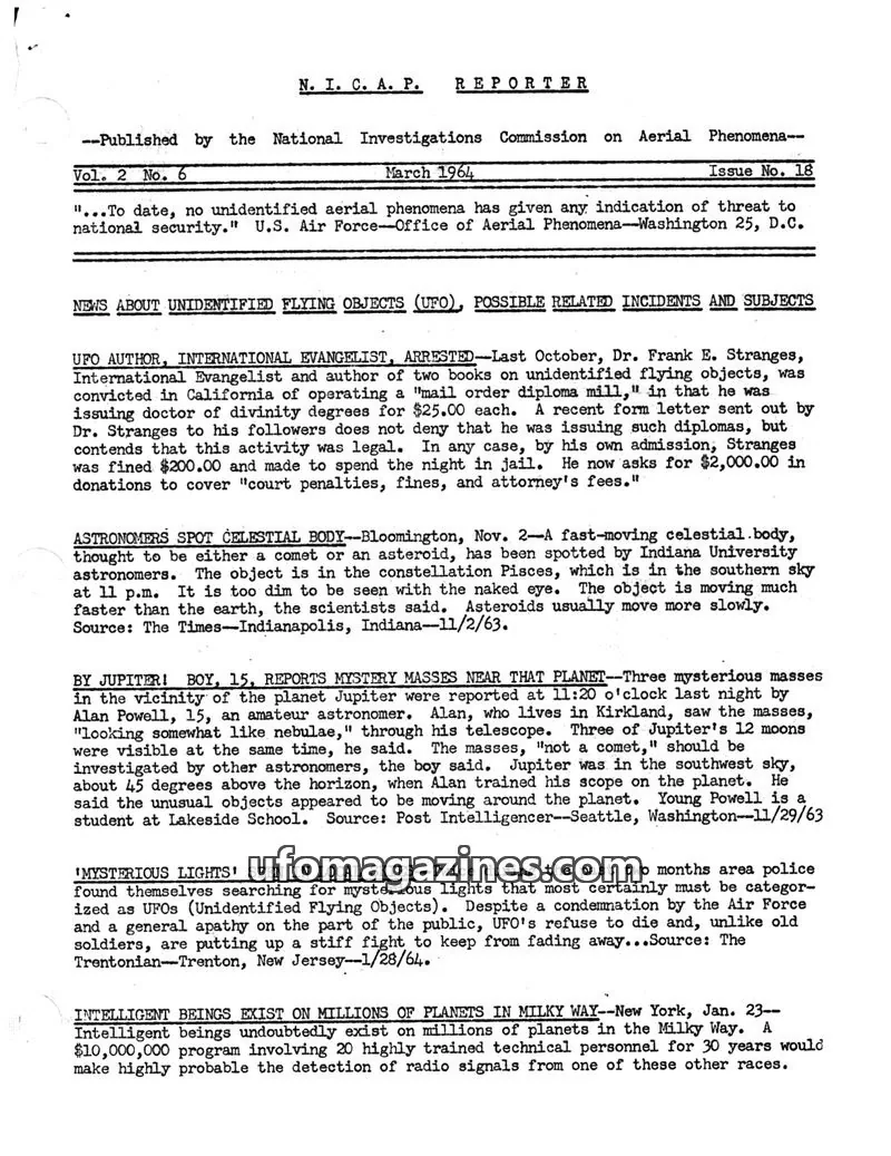Cover of NICAP Reporter (Gribble) issue No. 18: N. I. C. A. P. REPORTER